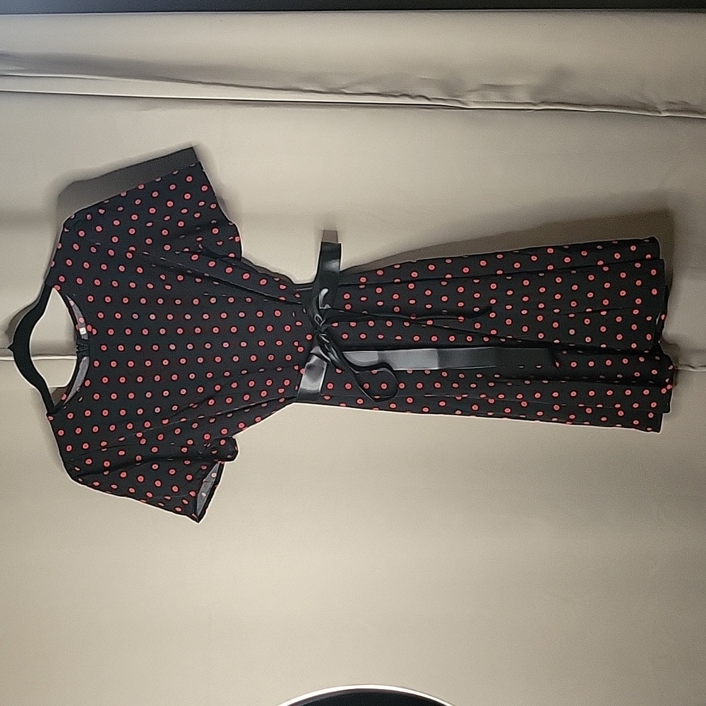 Black Midi Dress Black With Red Polka Dots Short Sleeve